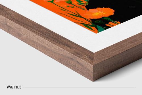 Detailed corner perspective of a walnut wood frame mockup with white matte and bold floral art in orange and green tones.