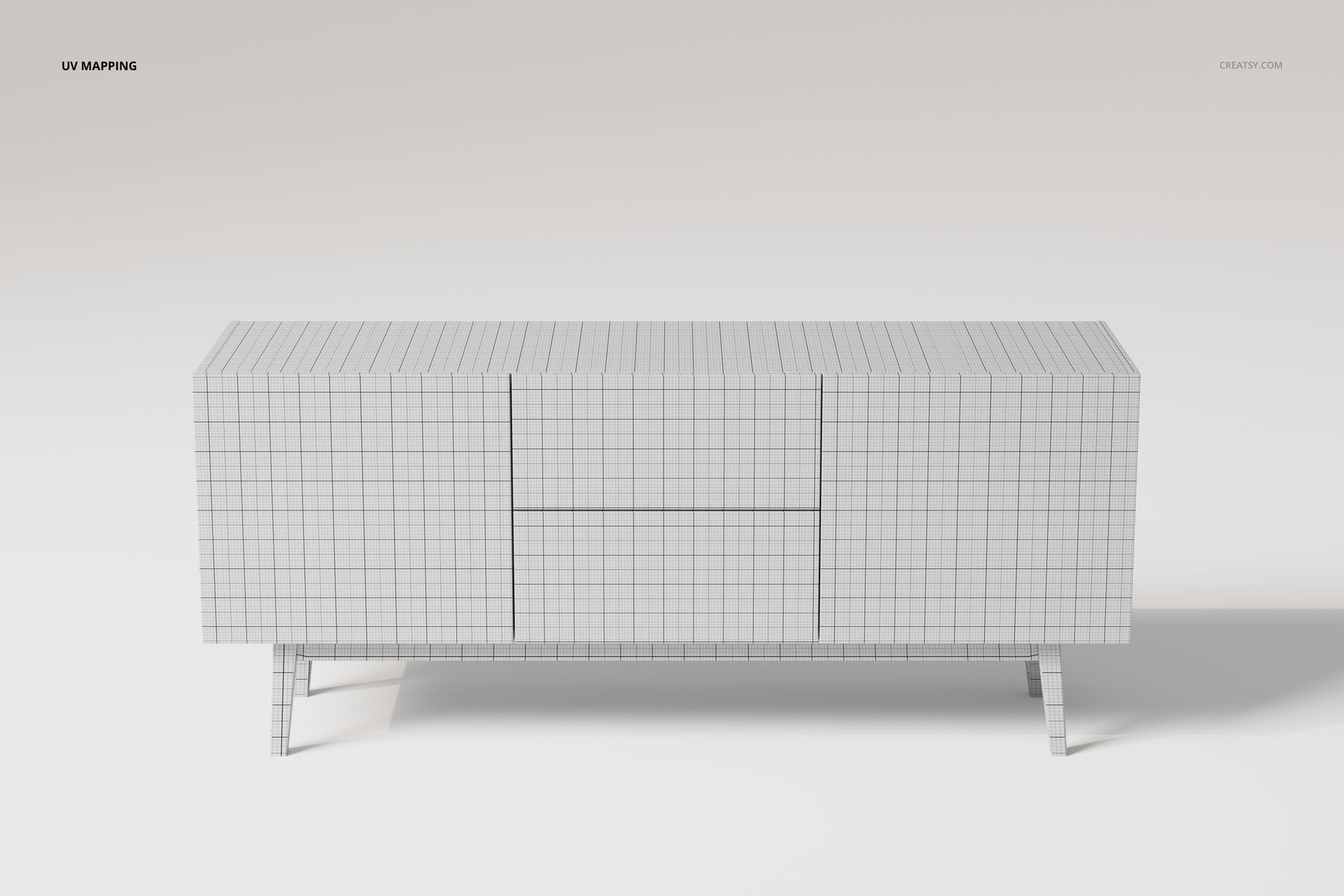 Front view of a small media console cabinet 3D model with a grid pattern mesh on a light background.
