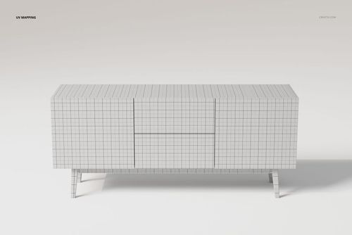 Front view of a small media console cabinet 3D model with a grid pattern mesh on a light background.