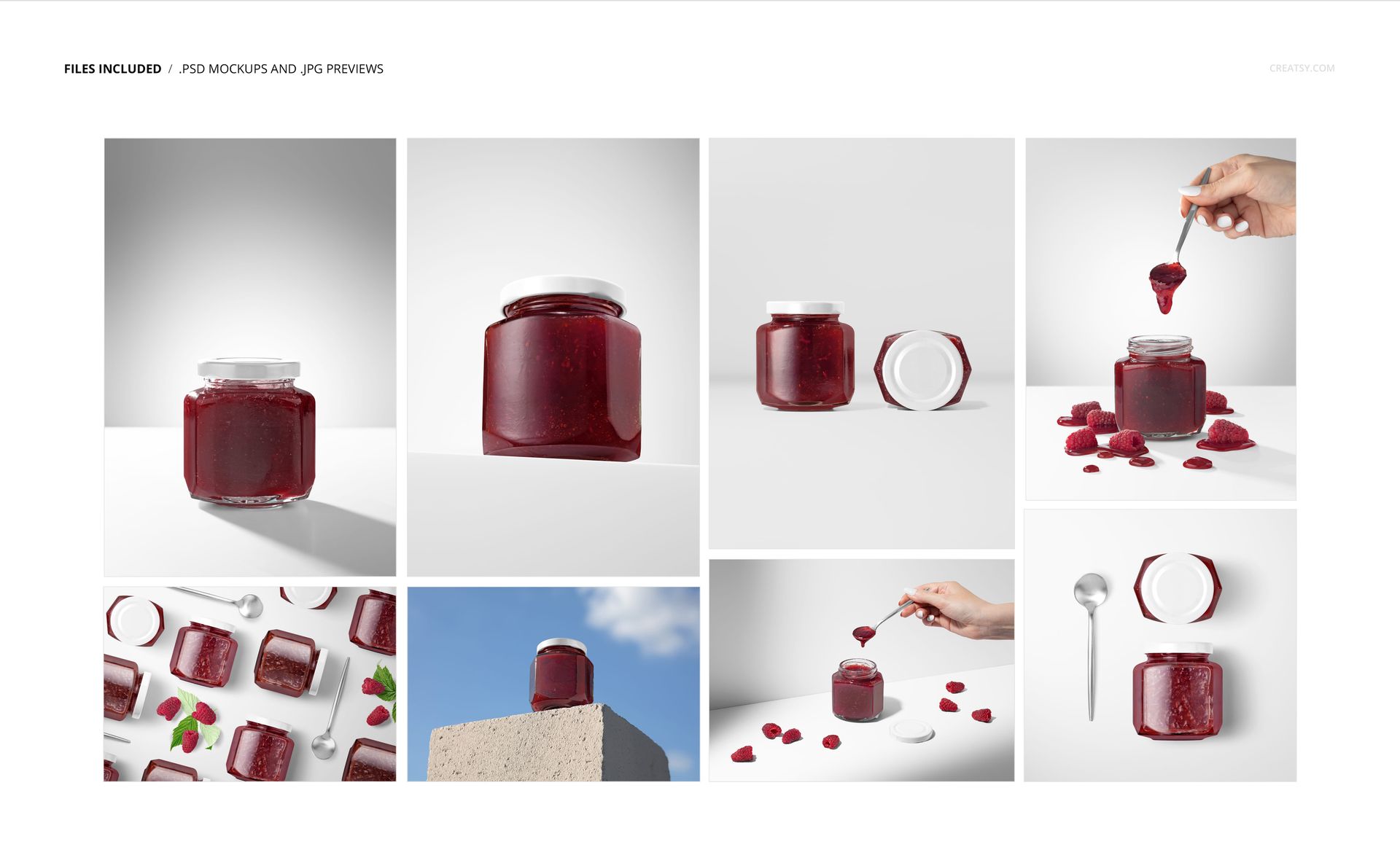 PSD mockup set showing a square glass jar of raspberry jam with white lid, displayed with raspberries and minimal props.