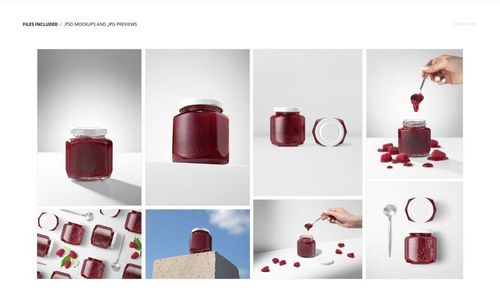 PSD mockup set showing a square glass jar of raspberry jam with white lid, displayed with raspberries and minimal props.