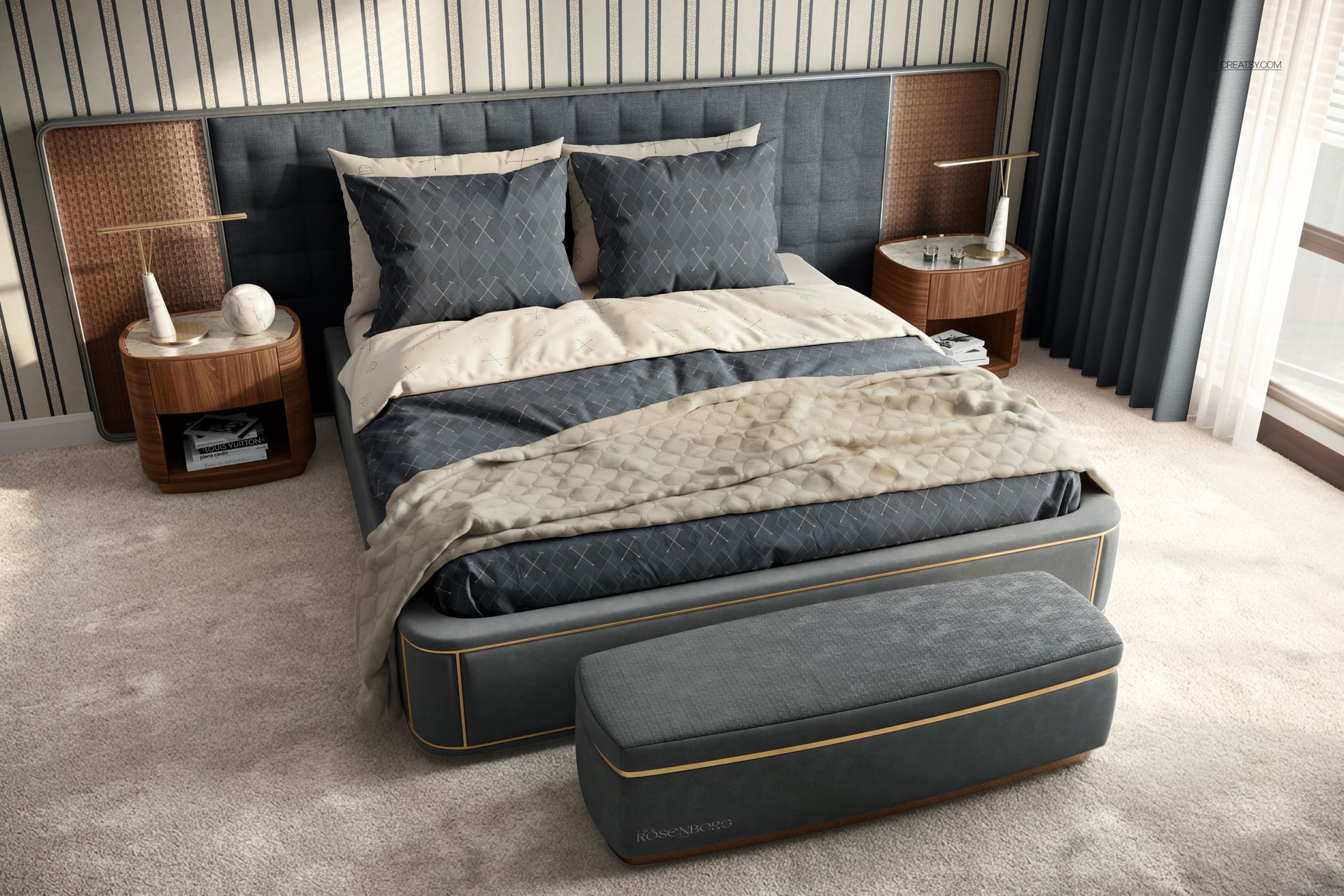 Hotel-style bedroom bedding mockup showing a neatly made bed with gray and beige linens, front view, modern decor.