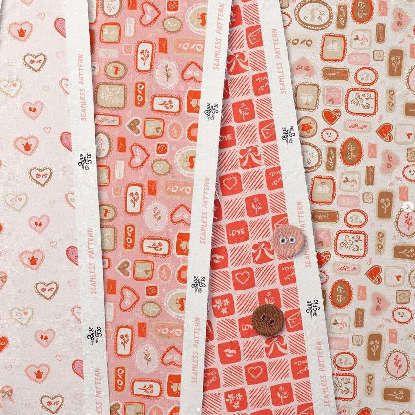 Cotton fabric sample mockup showing three fabric swatches with pink and red Valentine-themed patterns and two brown buttons.