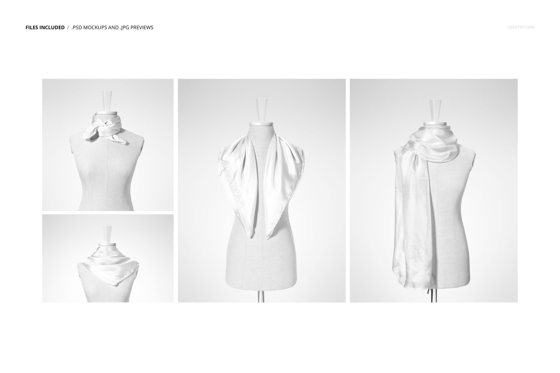 PSD mockup of a white silk scarf draped and styled on a mannequin, highlighting fabric texture and rolled borders.