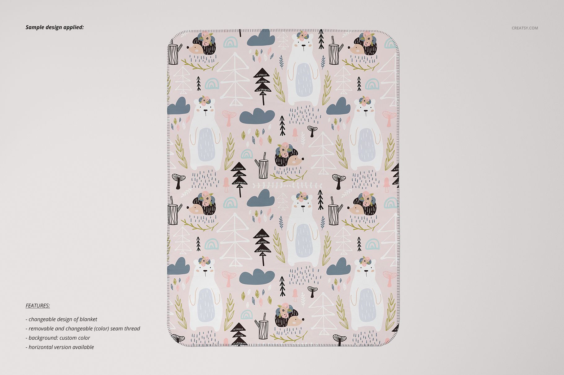 Kids blanket mockup shown from top view with whimsical bears, trees, and clouds on a soft pastel background.