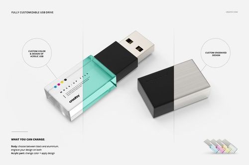 PSD mockup of an acrylic USB drive and slide box, displayed with transparent and metallic finishes on a white background.