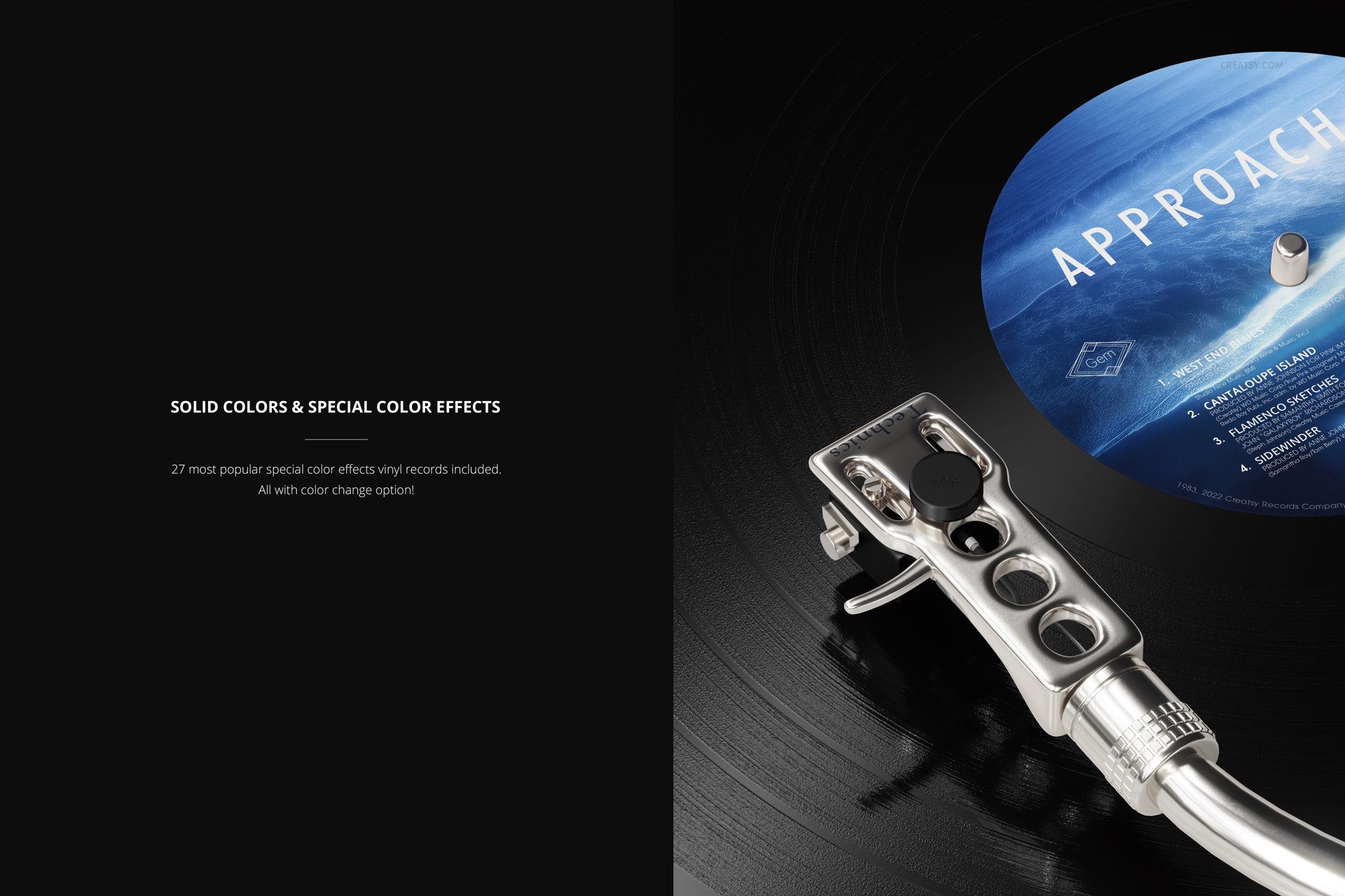 Detailed mockup of a vinyl record on a turntable, featuring a Technics cartridge and vibrant blue center label.