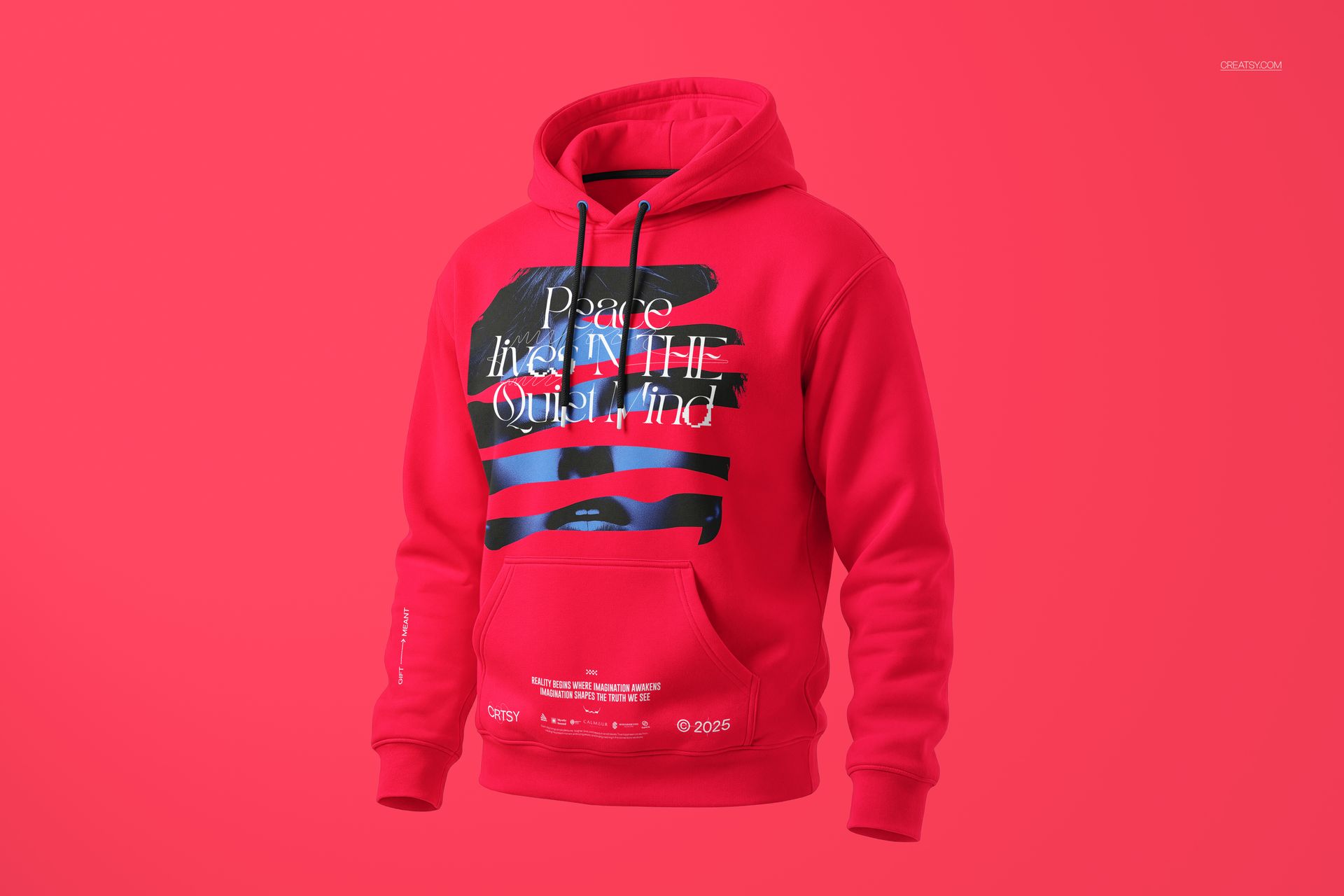 Front view of a men's hoodie mockup in bright red with bold graphic design and white text on the chest.