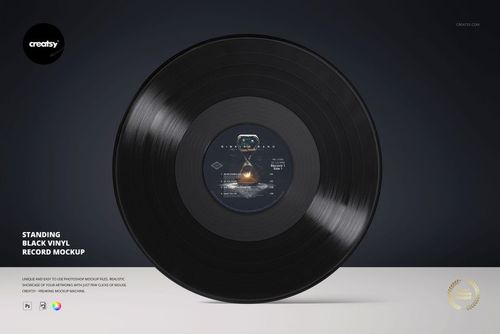 Standing black vinyl record mockup showing a large round record with a glossy finish on a dark gradient background.