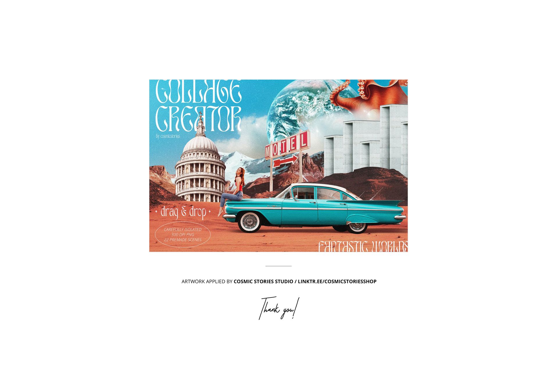 Front view of a Gildan 18000 sweatshirt mockup featuring a vibrant collage design with a classic car and retro scenery.