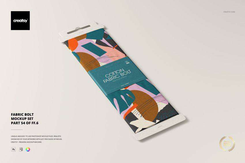 Fabric bolt mockup featuring geometric shapes in orange, pink, navy, and white, shown with a top-down perspective.