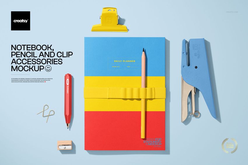 Notebook, Pencil and Clip Accessories Mockup - mockup screenshot 1
