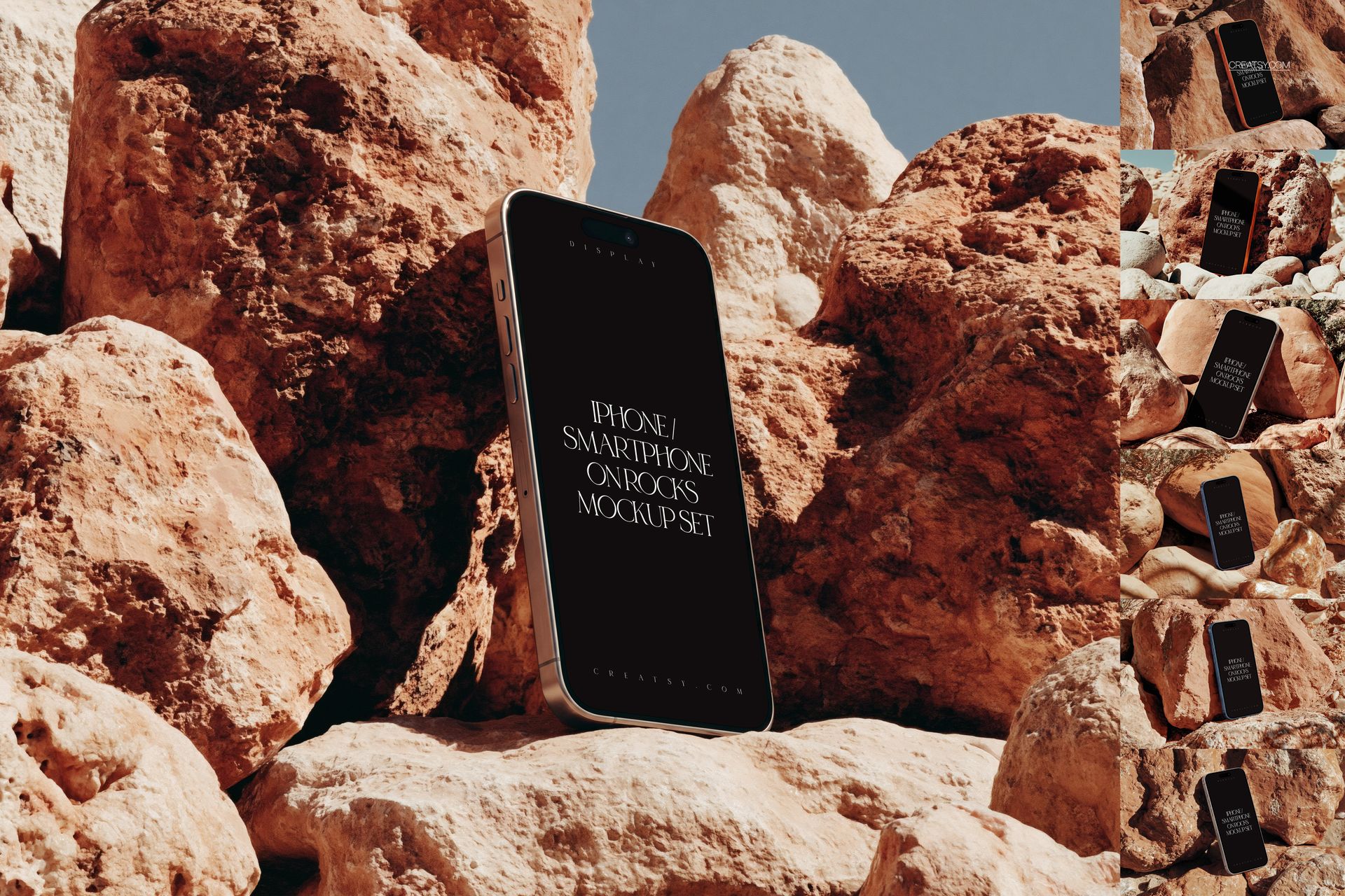 iPhone mockup set on warm rocks, 16 outdoor scenes for presenting an app flow in portrait and landscape