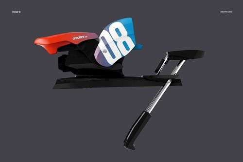 Side view of a ski binding mockup with a red, blue, and white color scheme on a dark gray background.