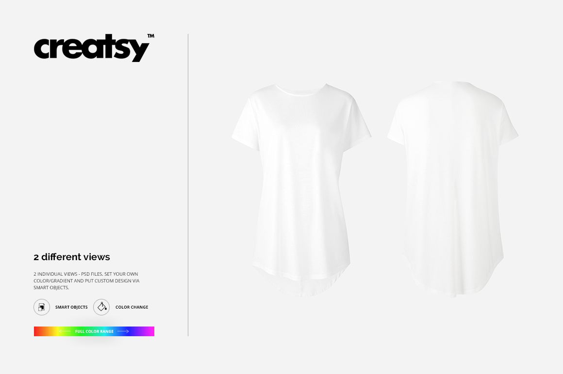 PSD mockup of a women's longline t-shirt with both front and rear perspectives, displayed on a neutral white backdrop.