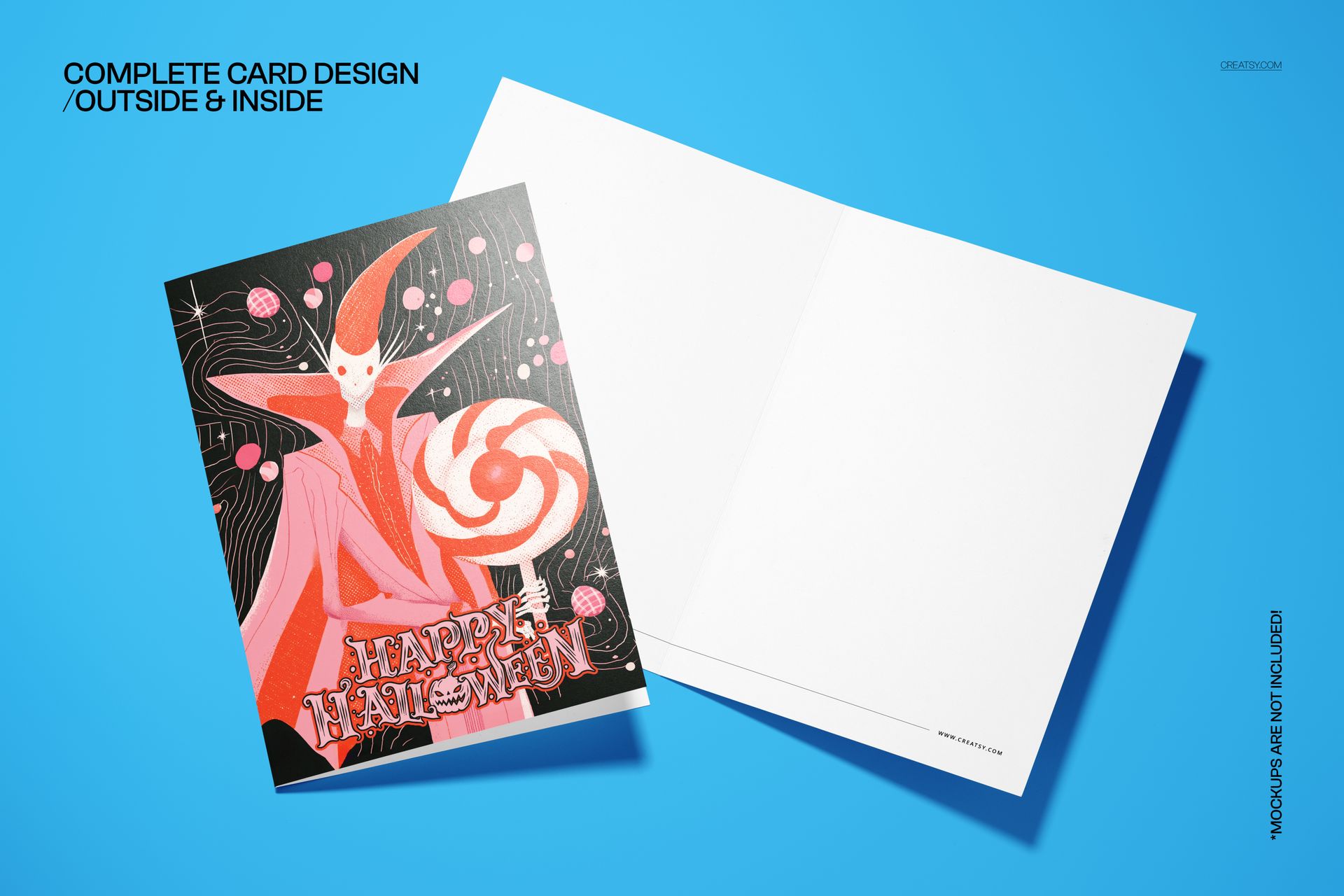 PSD mockup of a folded Halloween card with a whimsical monster and lollipop illustration, shown on a blue background.