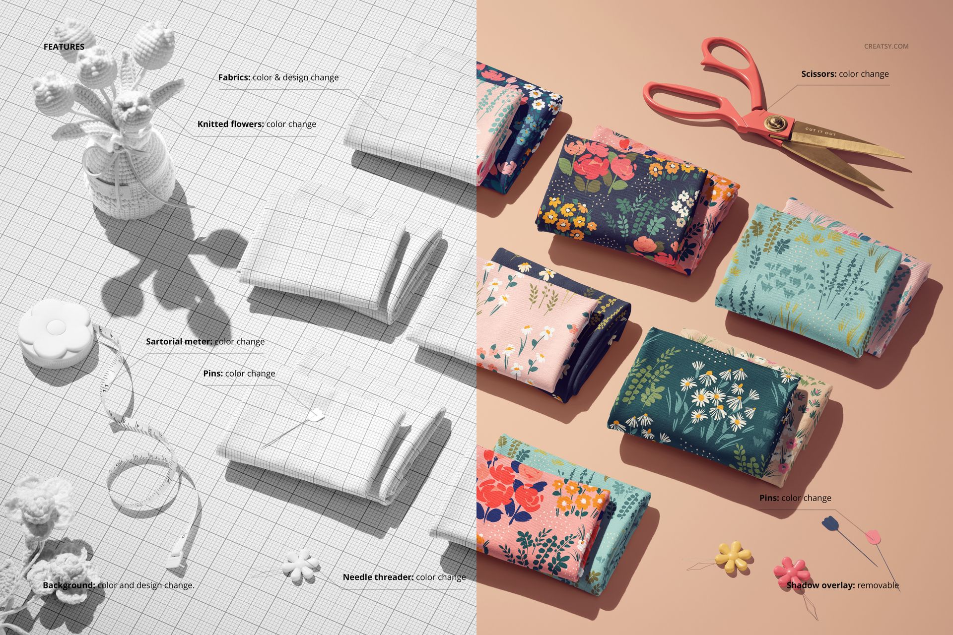 Folded jersey fabrics with colorful floral patterns displayed beside scissors and knitted flowers, top view mockup.