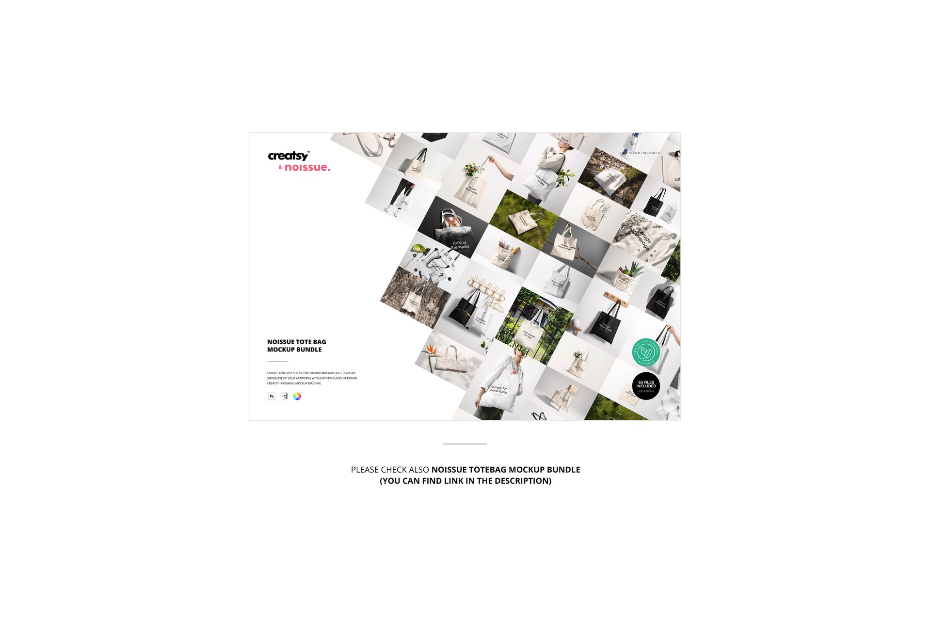 Front view of a tote bag mockup set displayed with various design samples in a grid arrangement on a white background.