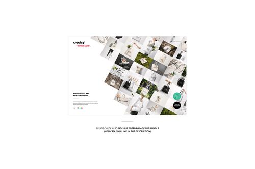 Front view of a tote bag mockup set displayed with various design samples in a grid arrangement on a white background.