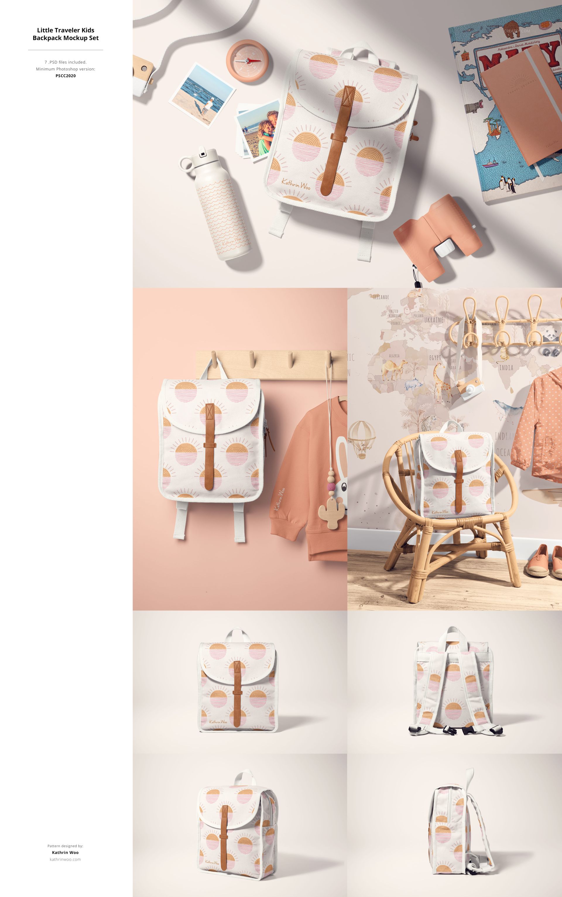 Kids backpack mockup with circular pastel pattern, shown from various angles in a light nursery setting with props.