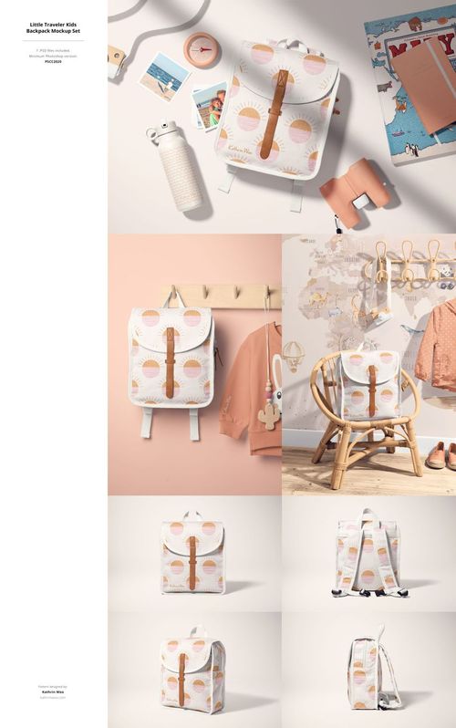 Kids backpack mockup with circular pastel pattern, shown from various angles in a light nursery setting with props.