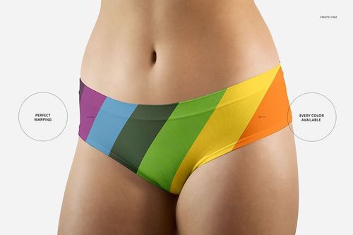 Front view of women's briefs mockup featuring a vibrant rainbow stripe pattern on a white background.