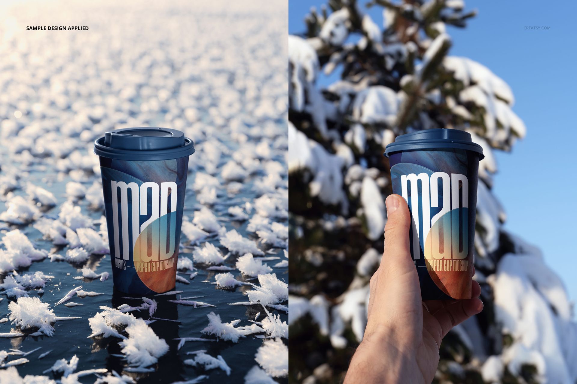 PSD mockup of a paper cup featuring a bold graphic design, displayed on frozen water and in a snowy outdoor setting.