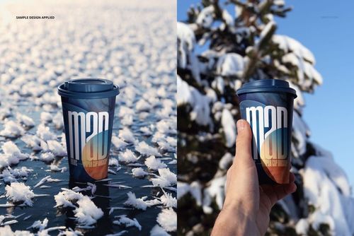 PSD mockup of a paper cup featuring a bold graphic design, displayed on frozen water and in a snowy outdoor setting.