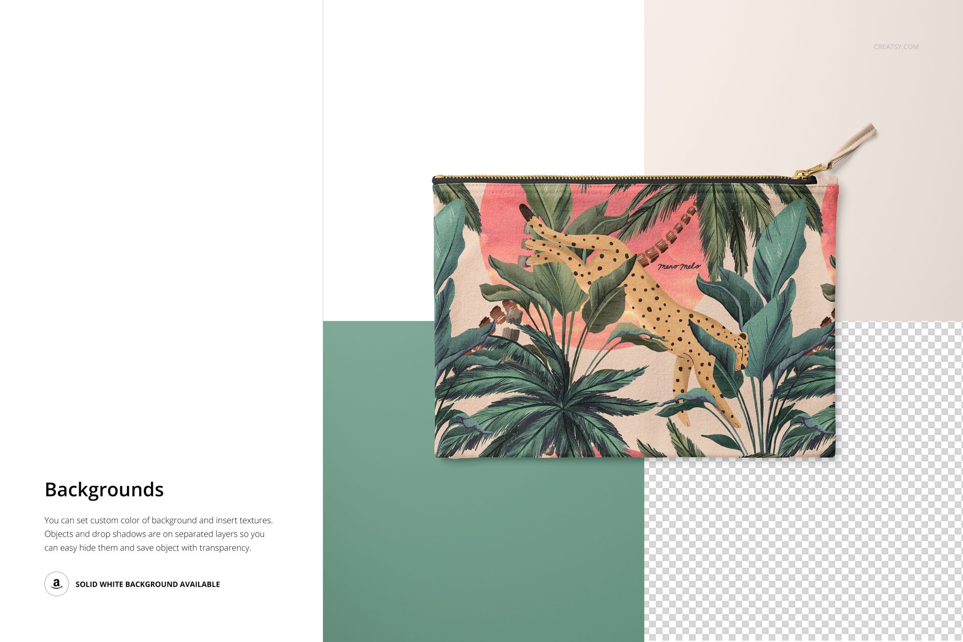 PSD mockup of a flat canvas pouch with a zipper pull, displaying a vibrant jungle and cheetah design.