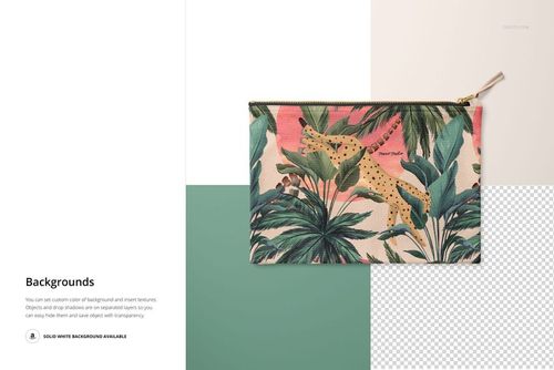 PSD mockup of a flat canvas pouch with a zipper pull, displaying a vibrant jungle and cheetah design.