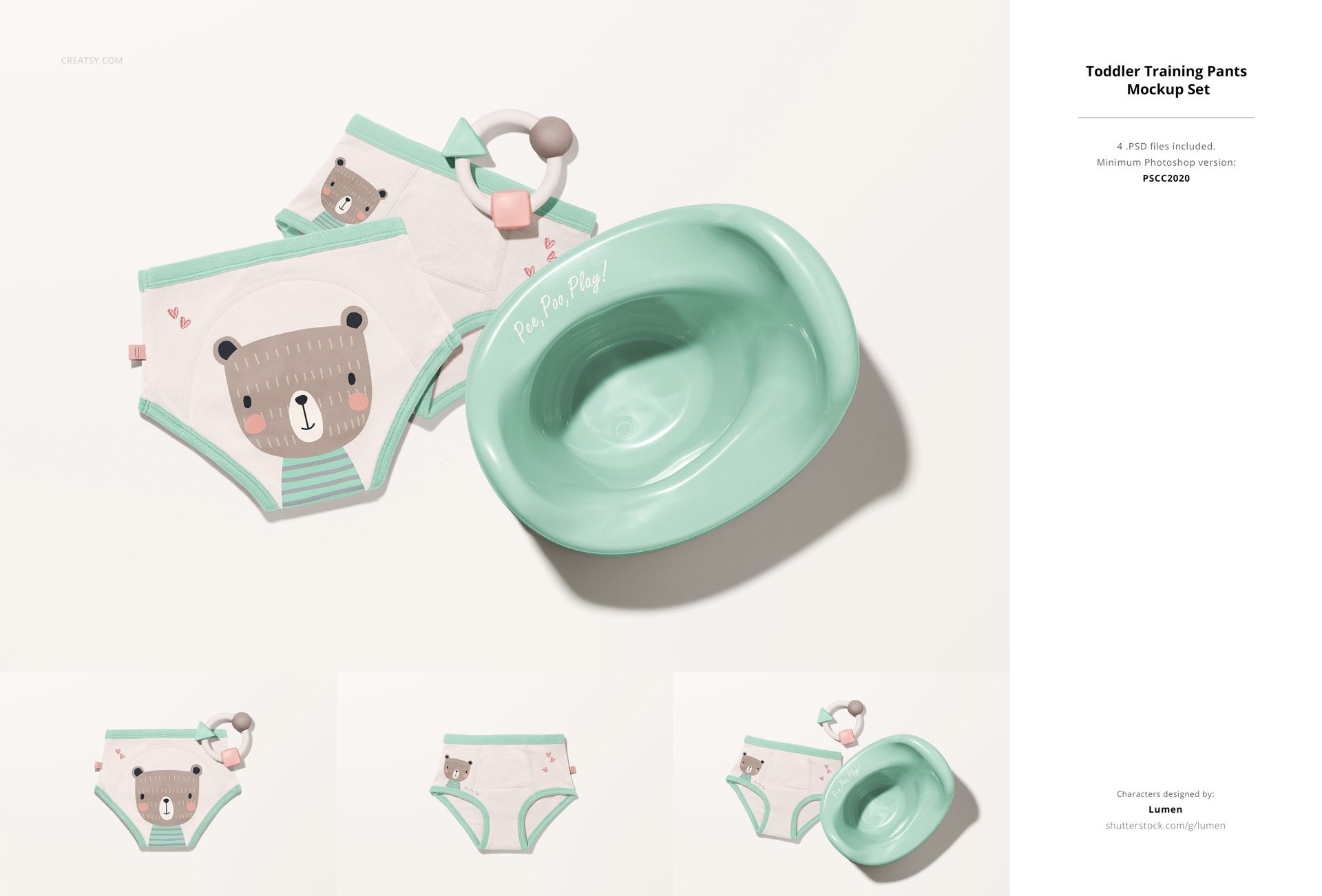 PSD mockup showing two pairs of kids training pants with animal prints, mint potty, and teether arranged on a pale background.