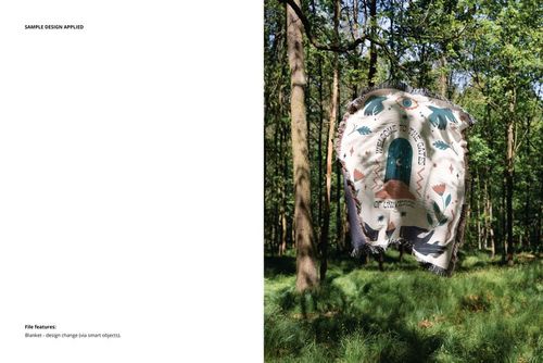 Fringed woven throw blanket mockup floating in a sunlit woodland, displaying a vibrant illustrated design.
