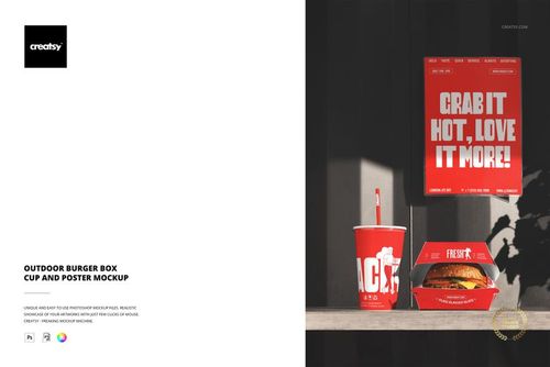 Outdoor scene featuring a burger box, cup with straw, and large red poster mockup arranged on a dark surface.