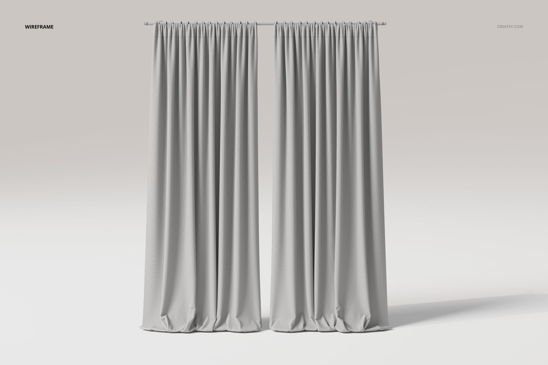 Front view of two puddled velvet drapes in light gray, hanging straight with gathered tops and soft folds on a plain background.