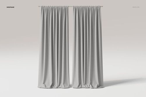 Front view of two puddled velvet drapes in light gray, hanging straight with gathered tops and soft folds on a plain background.