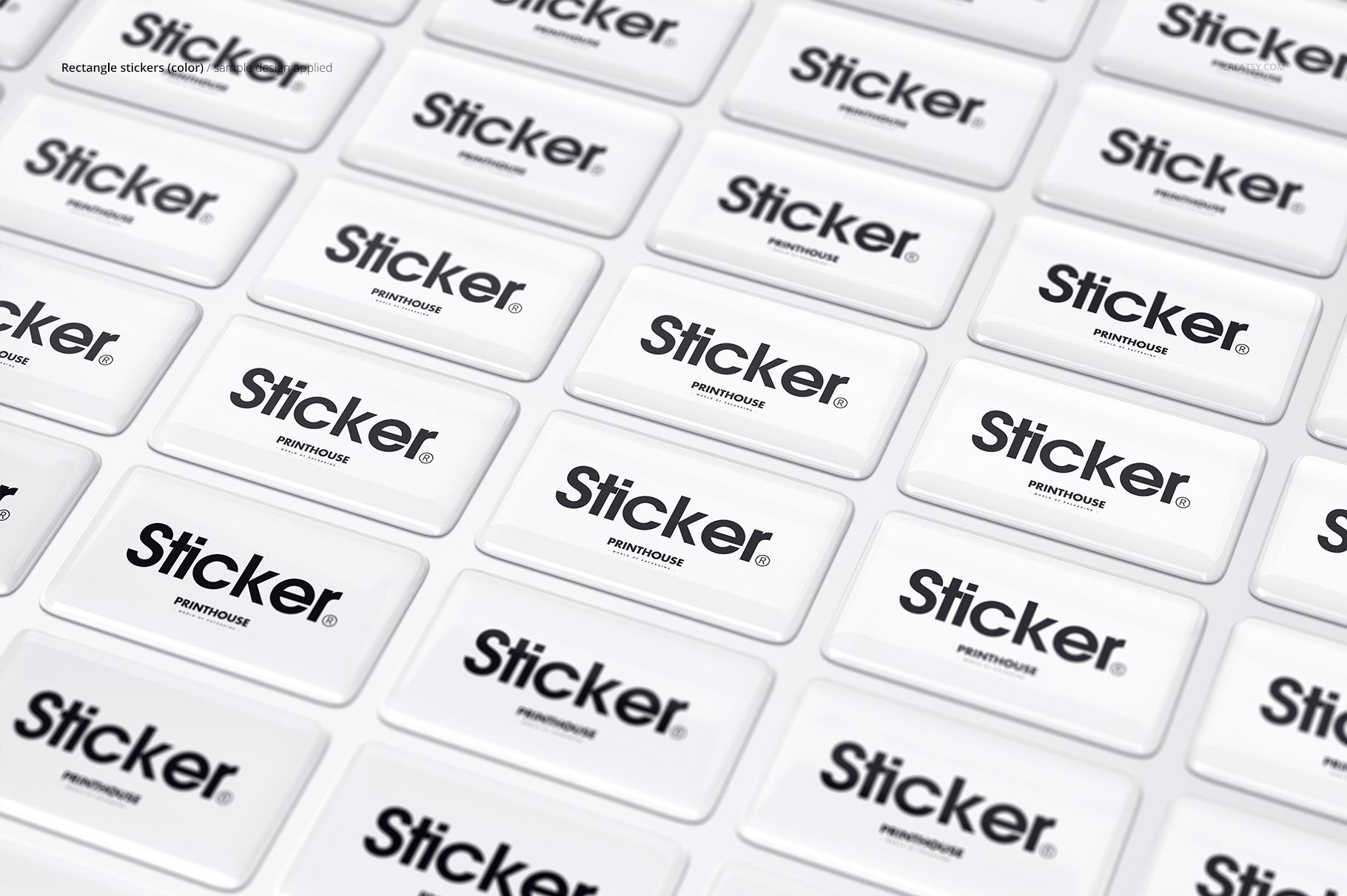 Mockup of epoxy dome stickers with bold black text on white backgrounds, shown in an organized grid scene.