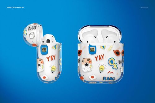 Front view of two clear AirPods cases with colorful cartoon-style patterns on a blue background, mockup display.