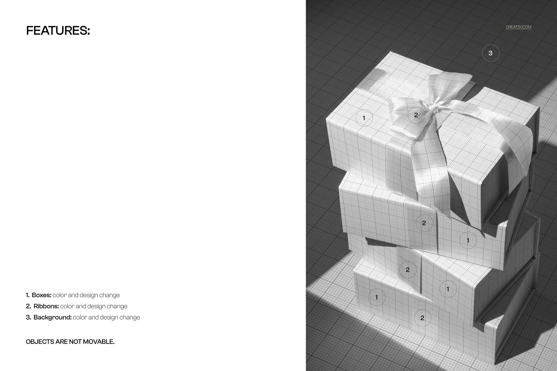 Stacked magnetic boxes with a satin ribbon shown in a front angled view, featuring grid pattern for PSD mockup design.