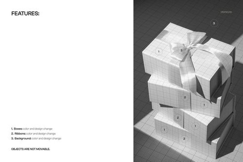 Stacked magnetic boxes with a satin ribbon shown in a front angled view, featuring grid pattern for PSD mockup design.