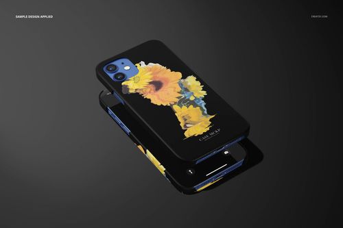 Two iPhone 12 matte snap cases with yellow floral artwork, shown on a dark surface in a realistic mockup scene.