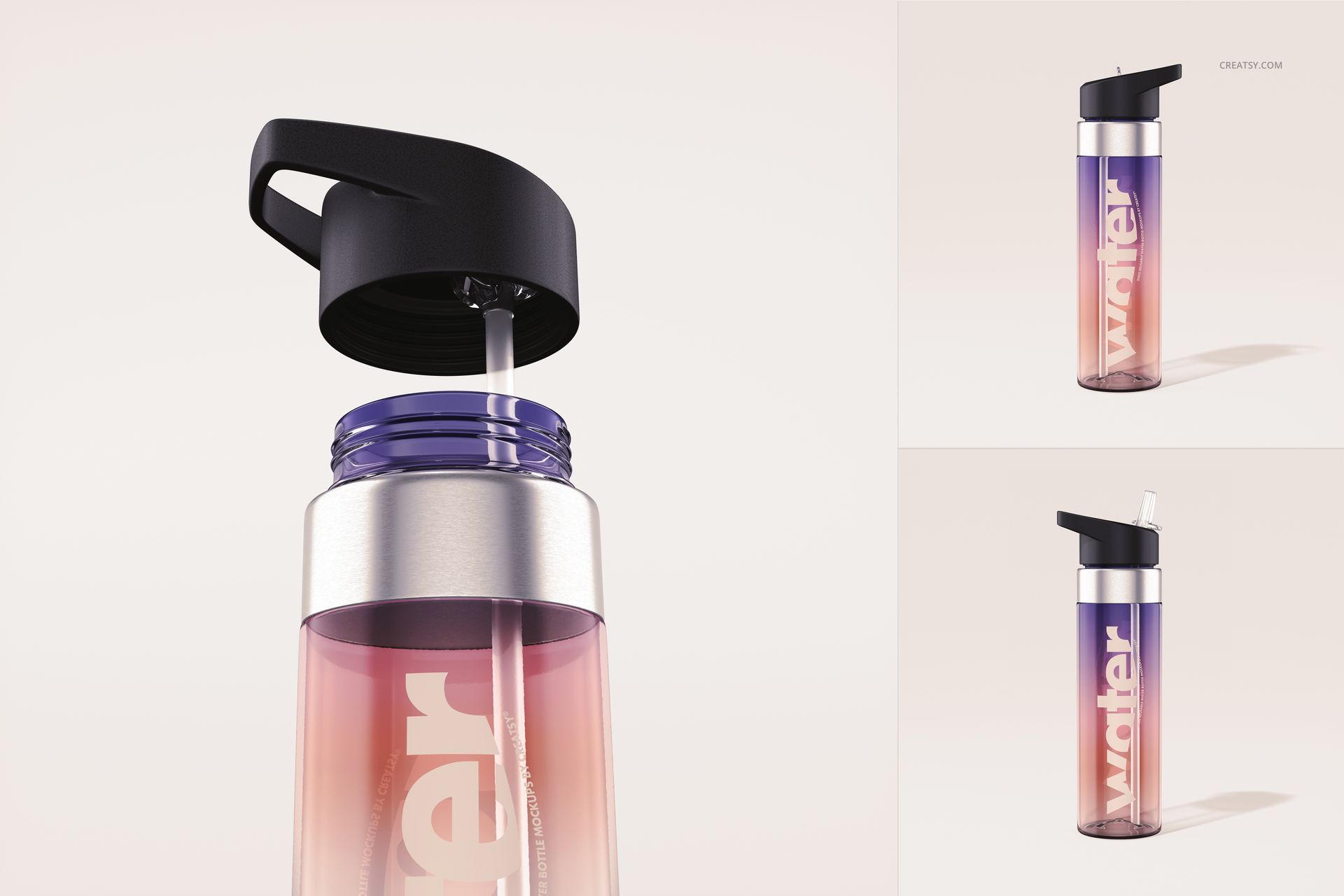 24 oz water bottle mockup featuring a transparent body with pink to purple gradient and bold white text, front and close-up views.