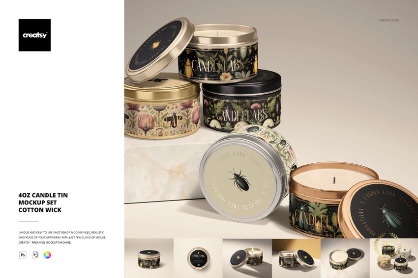 Front view of several decorative candle tin mockups with cotton wicks, displaying floral and insect designs on lids.