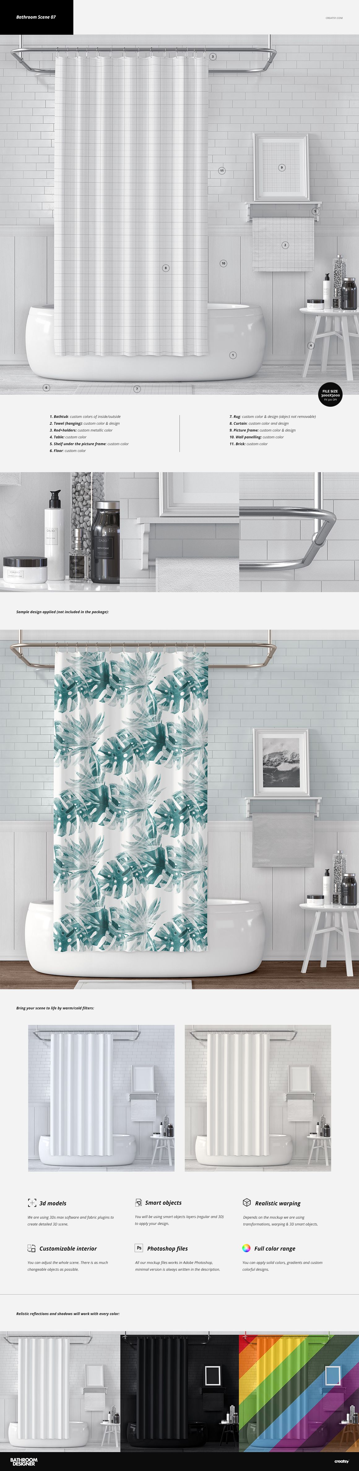 Bathroom mockup featuring a shower curtain on a curved rod above a white bathtub, with tiled wall and shelves in the background.