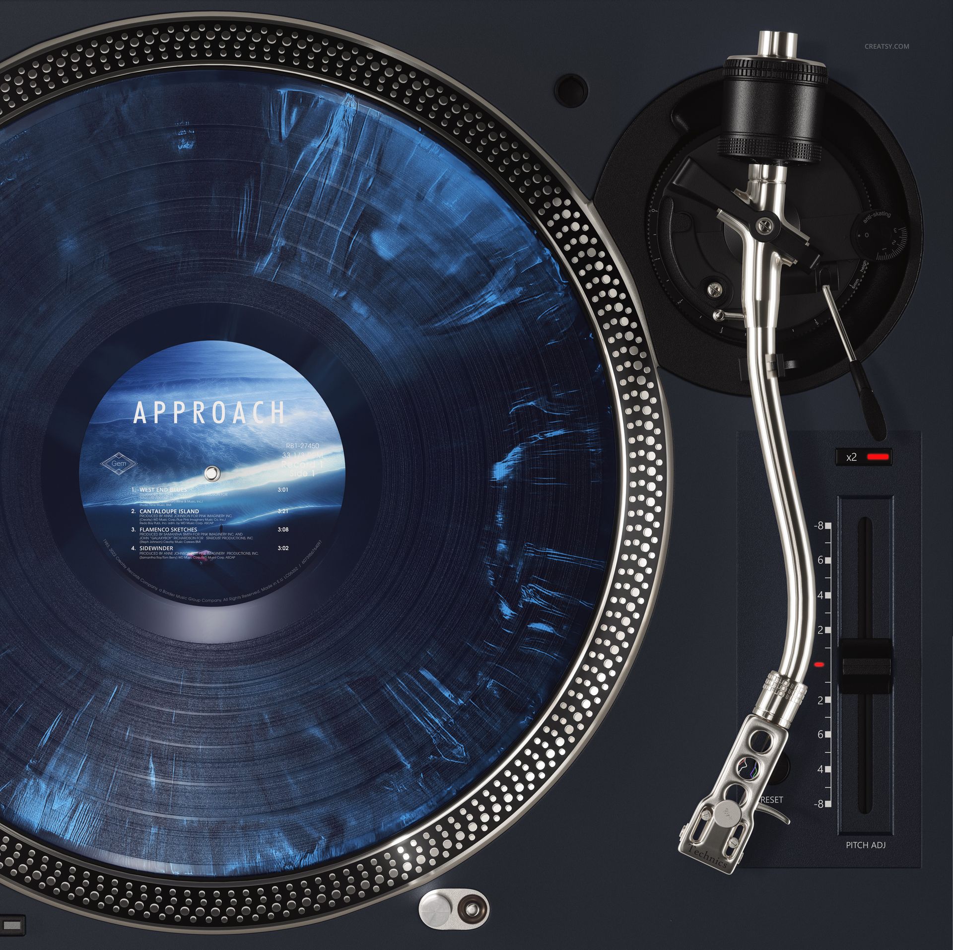 DJ edition PSD mockup showing a marbled blue and white vinyl record spinning on a dark turntable with tonearm detail.