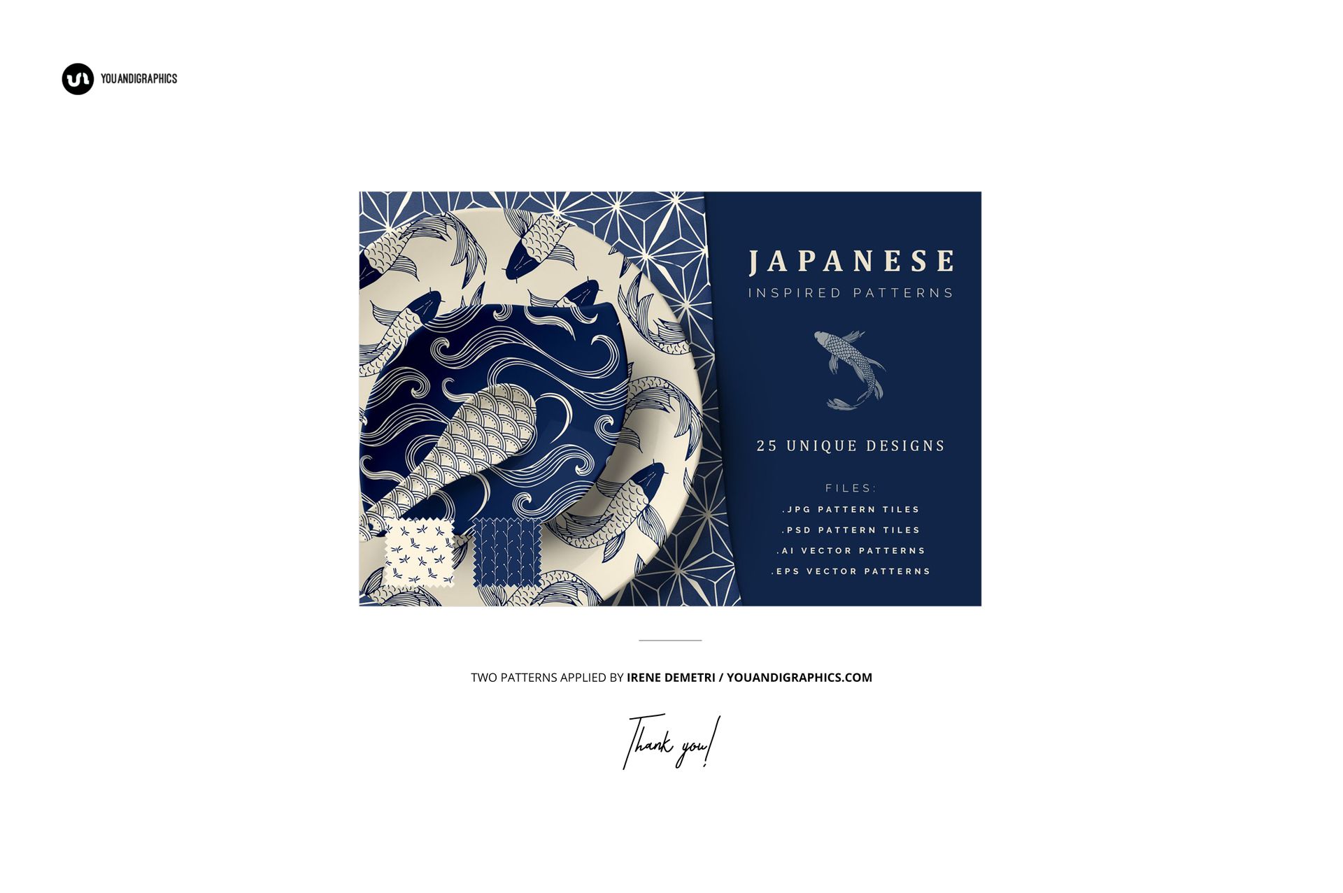 Folded fabrics with Japanese motifs in shades of blue and white arranged in a stack, shown in a PSD mockup scene.