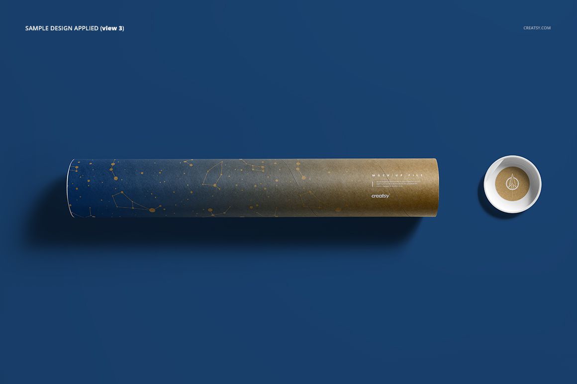 Mailing tube mockup displayed on a blue background, featuring a cylindrical tube with a gradient blue and brown design.