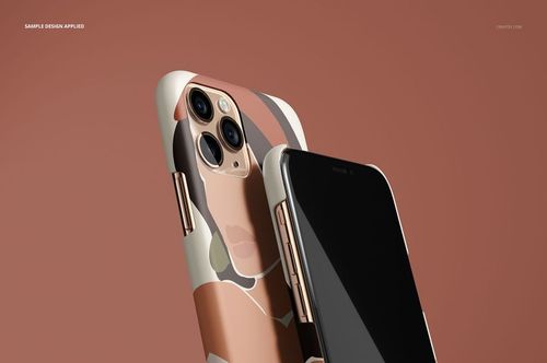 PSD mockup featuring an iPhone 11 Pro with a matte snap case in a camo-style beige, brown, and cream design, angled front view.