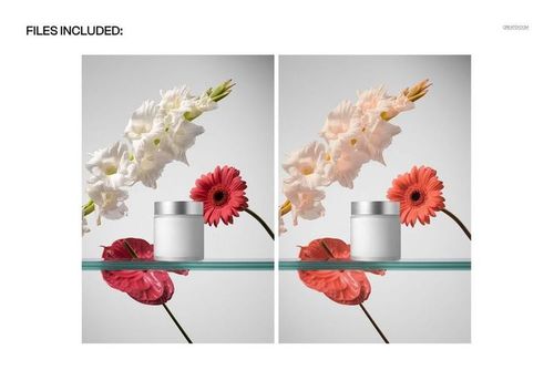 Cosmetic jar mockup displayed on a glass shelf with gladiolus and gerbera flowers in two color variations.