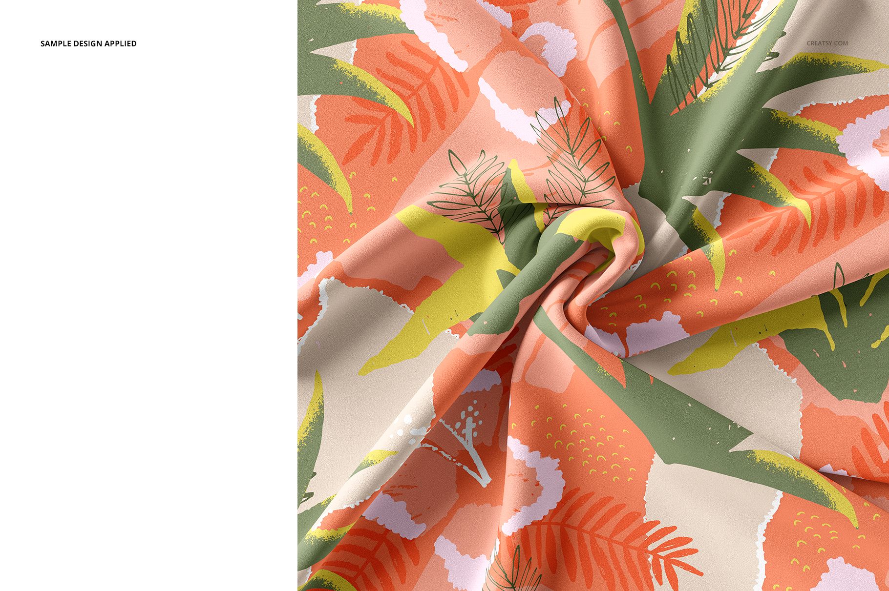 Close-up of silk fabric mockup featuring a colorful abstract pattern with orange, green, and beige tones.