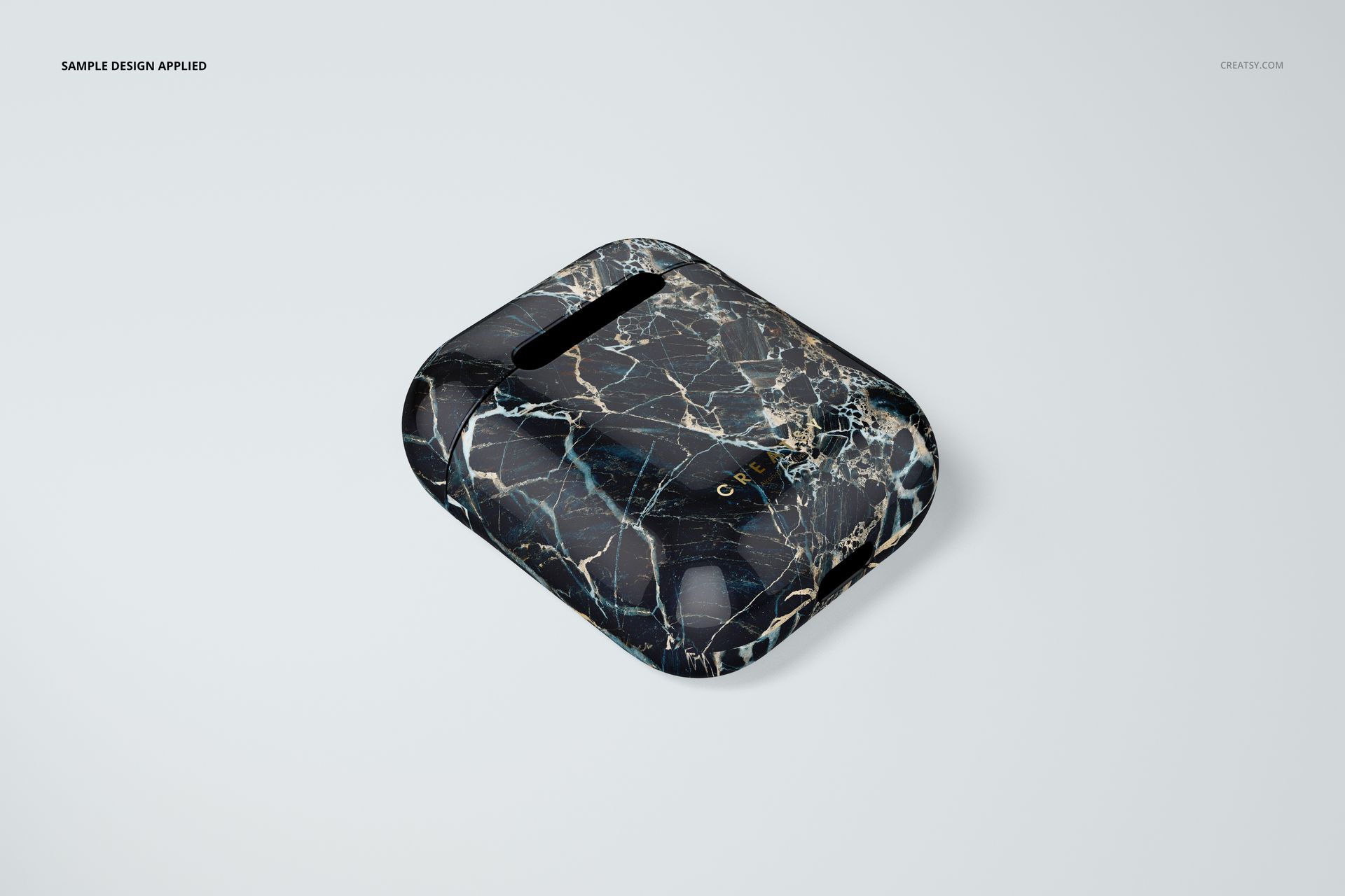 Black marble-patterned AirPods case mockup displayed at an angle on a clean, light background.